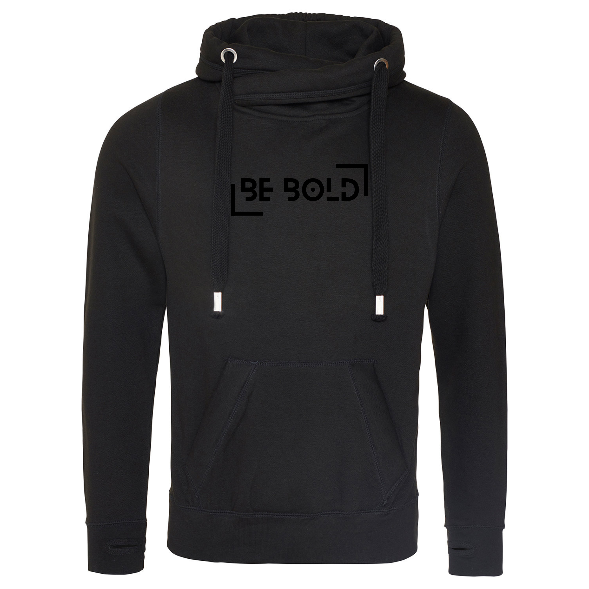 Embroidered Black on Black Be Bold Heavyweight Cross Over Neck Hooded Sweatshirt